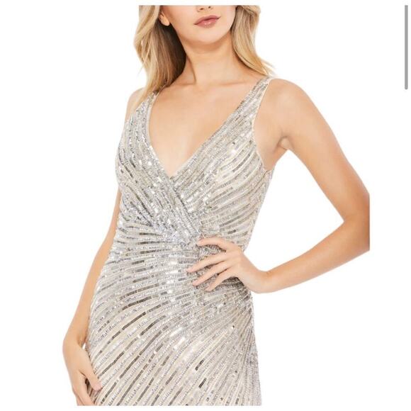 B59 Mac Duggal Long Gown Womens 2 Silver Sequins Glam Wedding Euphoria Inspired - Picture 3 of 10